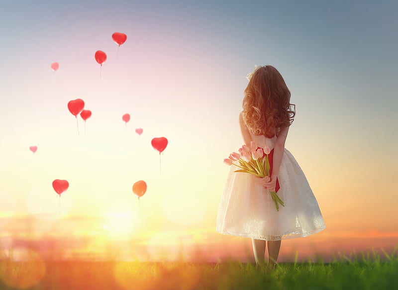 Little Girl with Tulips, graphy, love, cute, flowers, tulips, HD wallpaper