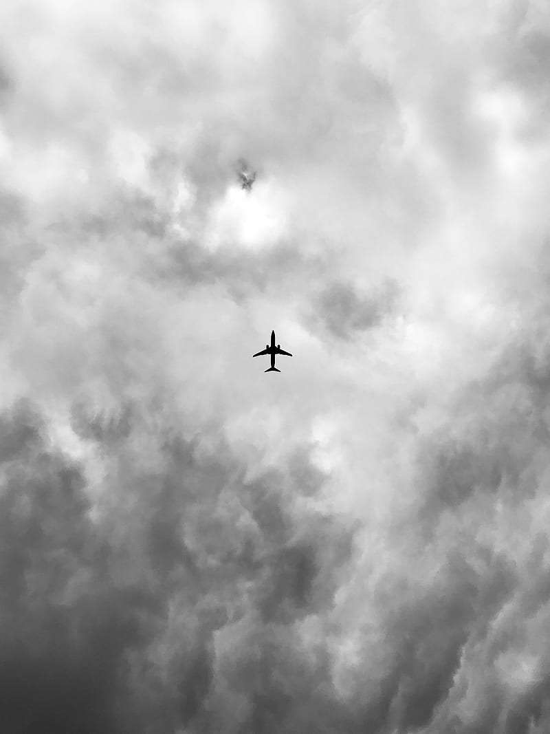 plane, bottom view, bw, clouds, HD phone wallpaper
