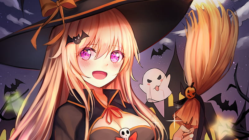 Cute Magical Anime Blonde Witch Holding Jack-o'-Lantern 