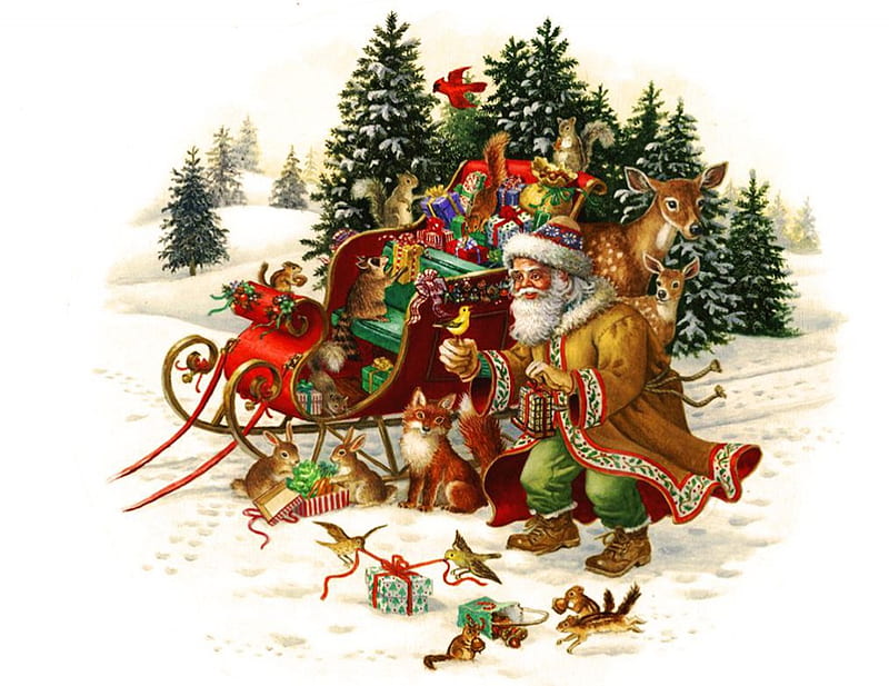 Animals Christmas, squirrels, birds, st nick, trees, deer, fox, snow, rabbits, gifts, sledge, HD wallpaper