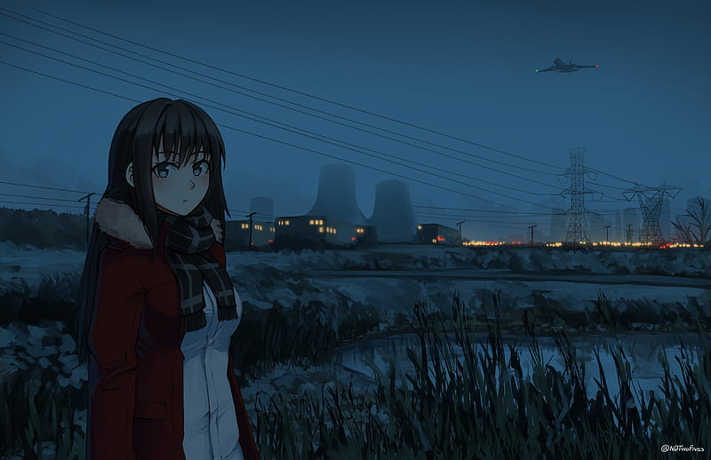 anime girl, airplane, night, scarf, winter, field, short hair, industrial buildings, Anime, HD wallpaper
