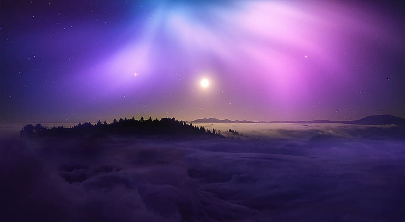 Above the Sky Ultra, Aero, Creative, night sky, aurora, sunset, panoramic view, clouds, blue, purple, mountains, nature, landscape, colorful, bonito, HD wallpaper