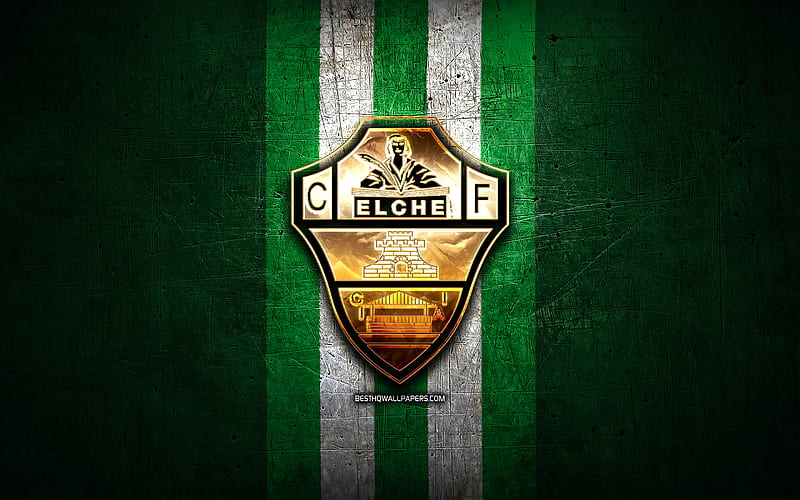 Elche FC, golden logo, La Liga 2, green metal background, football, Elche CF, spanish football club, Elche logo, soccer, LaLiga 2, Spain, HD wallpaper