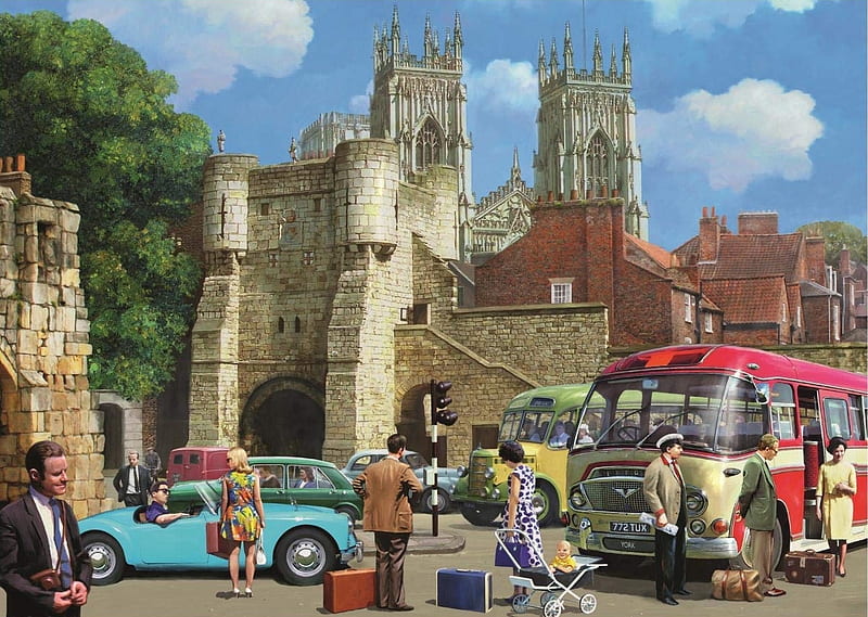 Arrival in York, minster, vintage, bus, York, carros, HD wallpaper