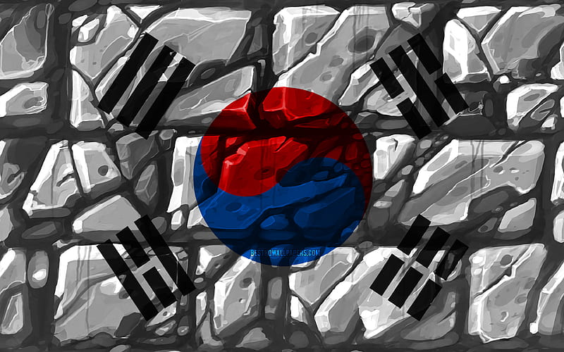 South Korean flag, brickwall Asian countries, national symbols, Flag of South Korea, creative, South Korea, Asia, South Korea 3D flag, HD wallpaper