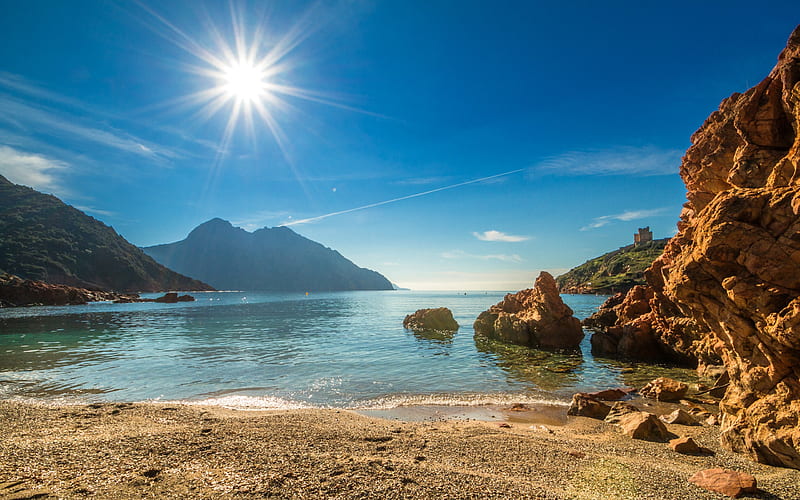 Corsica, Mediterranean Sea, sun, beach, bay, travel, coast, sea, France, HD wallpaper