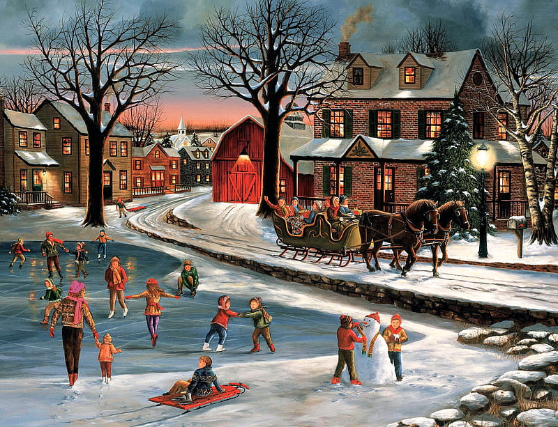 Heart of Christmas, trees, winter, sleigh, houses, children, sunset, snowman, horse, snow, village, painting, HD wallpaper