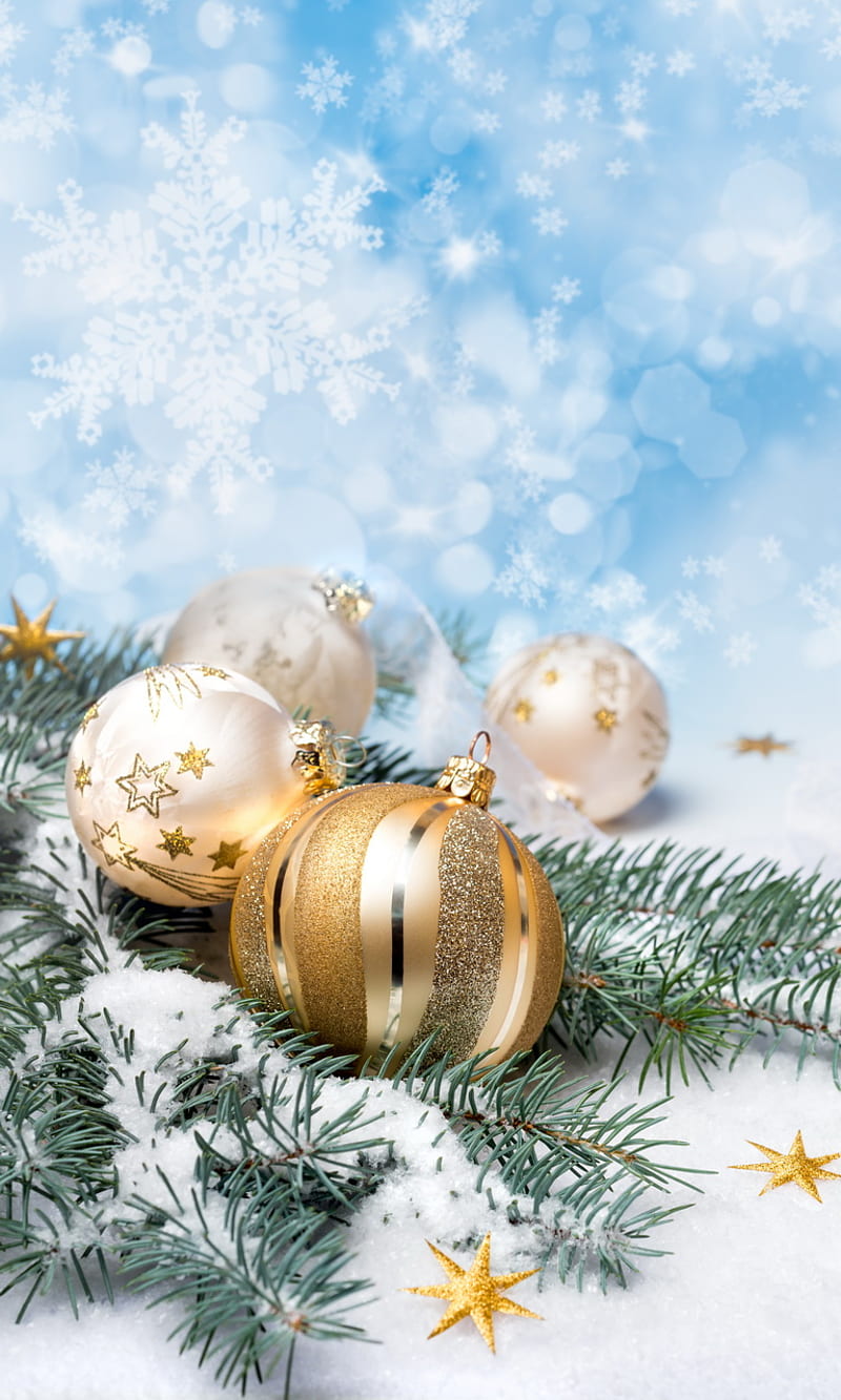 Christmas Decoration, background, balls, branches, christmas decor, snow, HD phone wallpaper