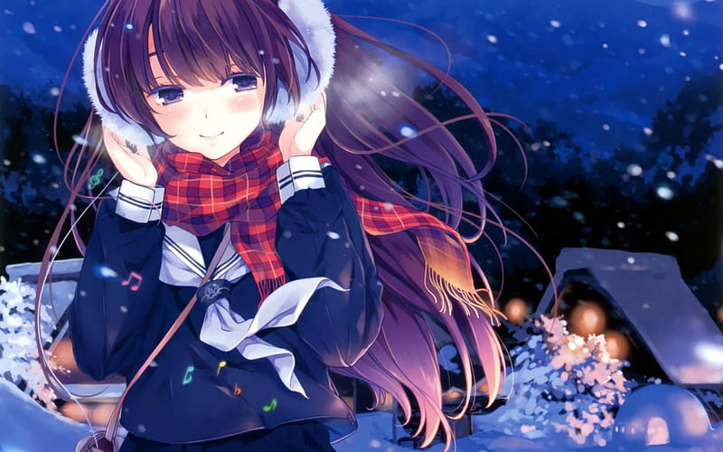 Cold Winter Nights, girl, snow, anime, night, winter, cold, HD wallpaper