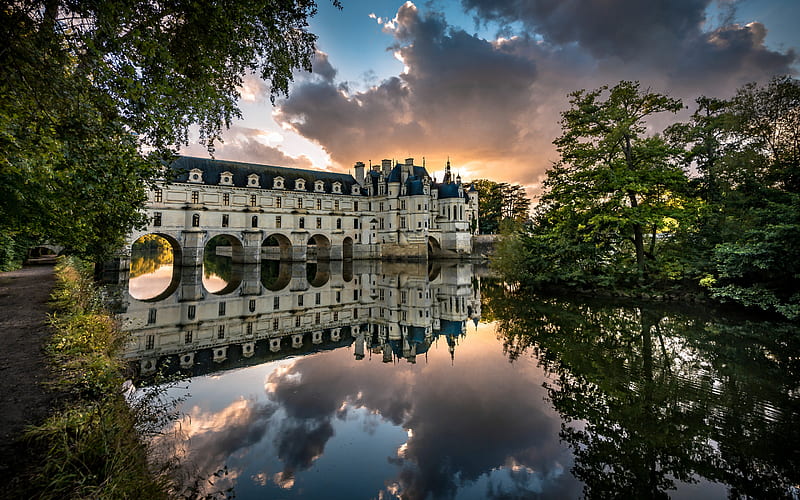 Cher River, Chateau de Chenonceau, Loire Valley, french castle, evening, sunset, France castles, old castle, France, HD wallpaper