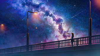 Cùng nhau ngắm trọn vẹn bầu trời đêm với hình nền hoạt hình cô gái đứng trên cầu. Với hàng vạn ngôi sao lấp lánh, bạn sẽ được đắm mình vào không gian mơ mộng và thư thái sau một ngày làm việc căng thẳng.