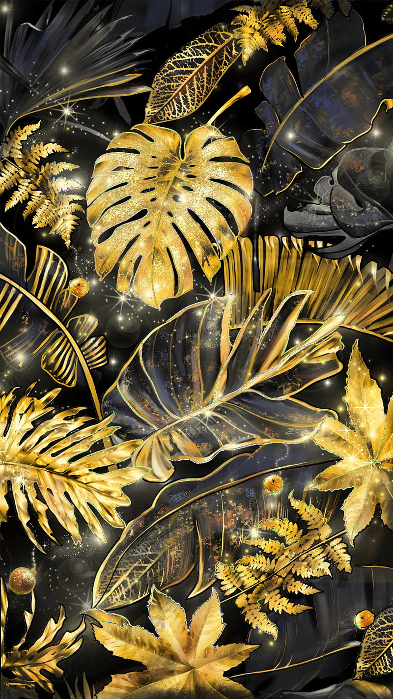 Wall Mural Golden Leaves - Floral Composition With Monsters on a Black  Background - Landscapes - Wall Murals