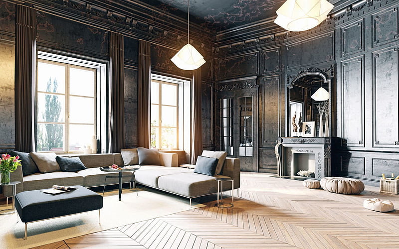 black antique interior design, classic black interior, living room, black fireplace in living room, antique stylish interior, HD wallpaper