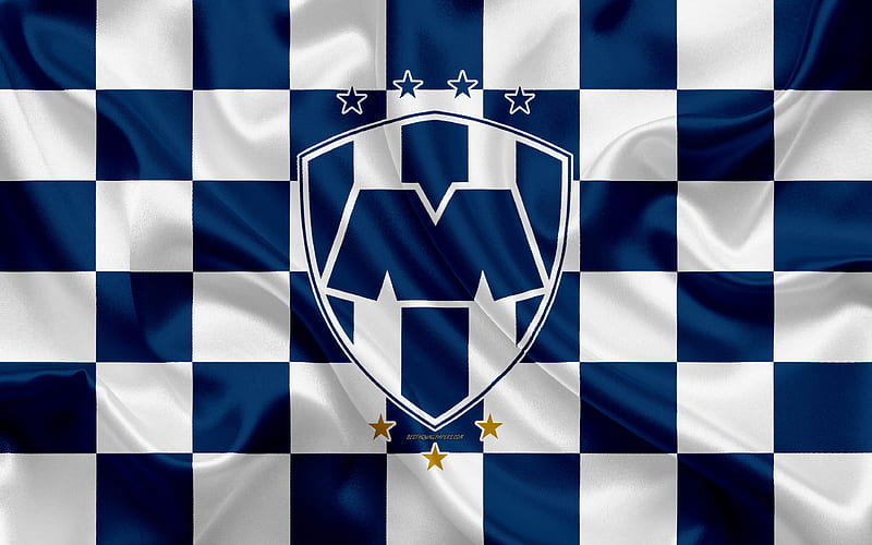 CF Monterrey logo, creative art, blue white checkered flag, Mexican Football club, Primera Division, Liga MX, emblem, silk texture, Monterrey, Mexico, football, Monterrey FC, HD wallpaper