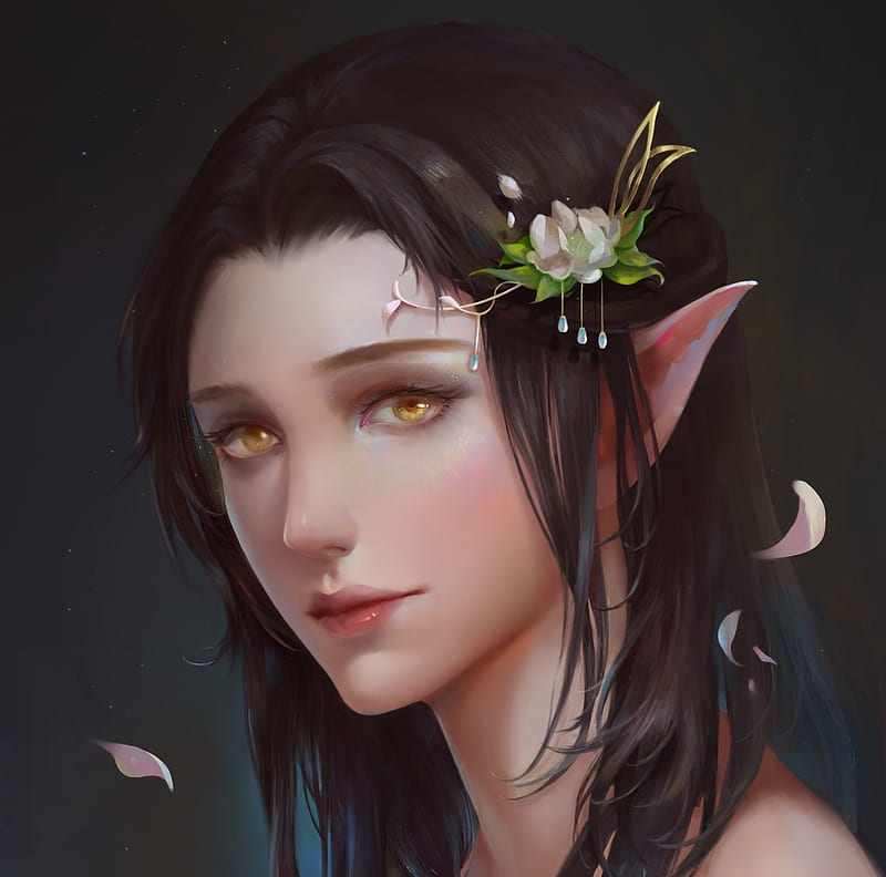 Elf princess, elf, mu ming shan, fantasy, luminos, girl, flower, face, princess, HD wallpaper