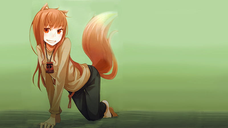 Spice and Wolf, green, wolfgirl, horo, wolf girl, holo, wolf, HD wallpaper