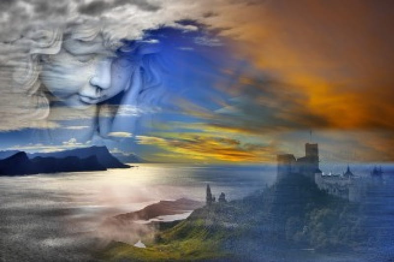 Dreaming of Beyond, art, statue in sky, ocean, clouds, castle, coast, HD wallpaper