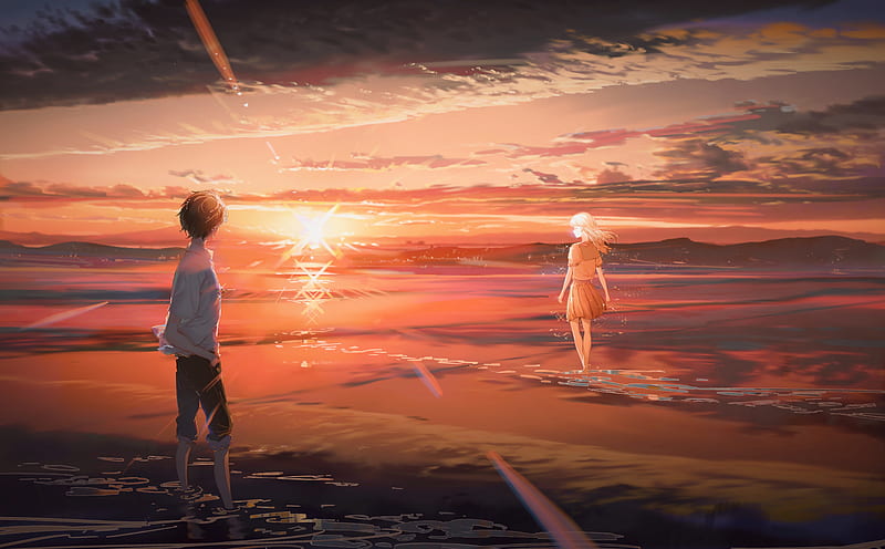 Anime, Original, Boy, Girl, Sunset, HD wallpaper