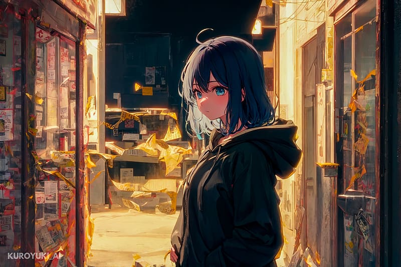 girl, hoodie, street, light, anime, HD wallpaper