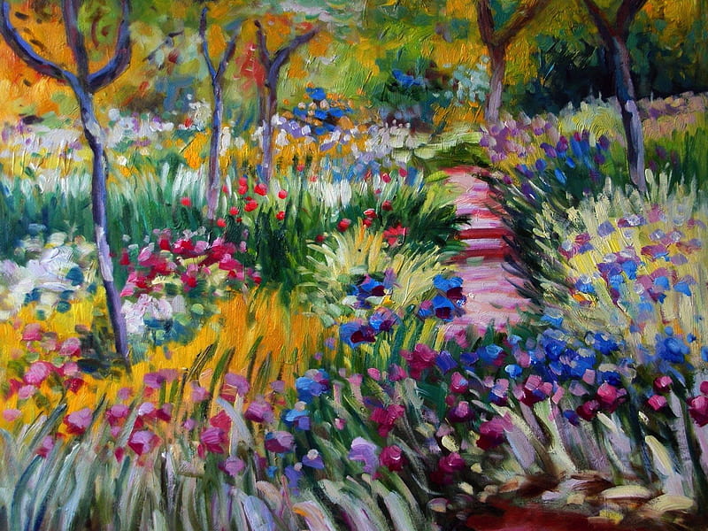 Claude Monet The Iris Garden at Giverny, claude monet, painting, giverny, garden, monet, iris, HD wallpaper
