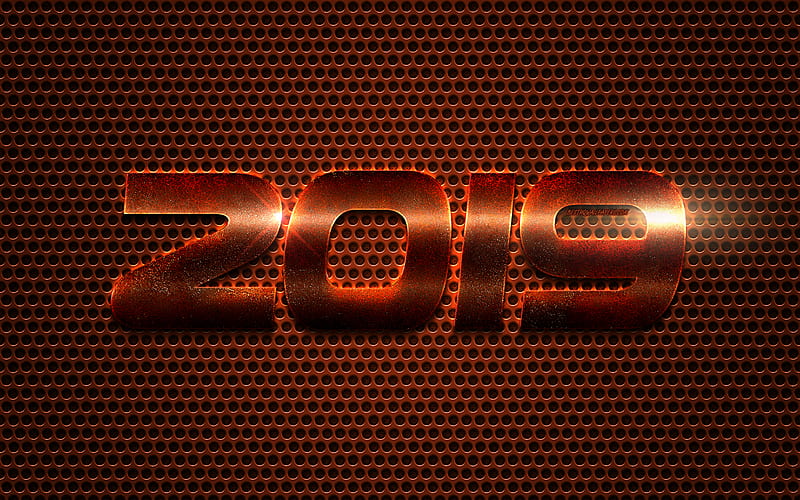 2019 year, orange steel letters, 2019 bronze background, Happy New Year 2019, bronze metal mesh, 2019 concepts, art, HD wallpaper