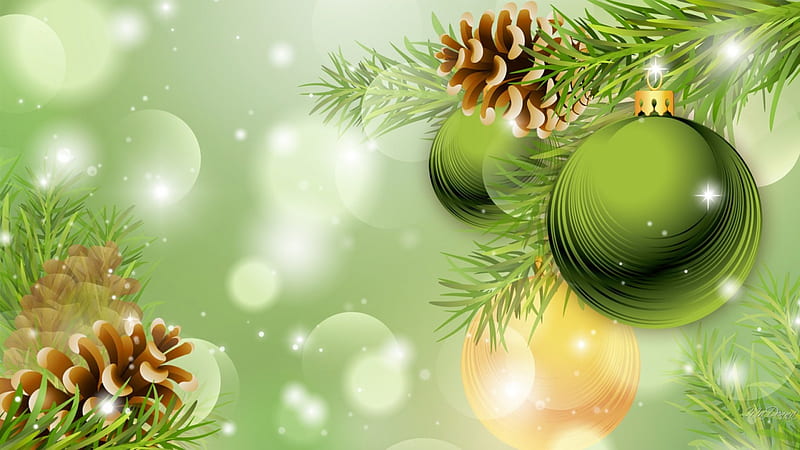Christmas Green and Cones, Christmas, Feliz Navidad, shine, lime, pine cones, bokeh, deocrations, green, balls, HD wallpaper