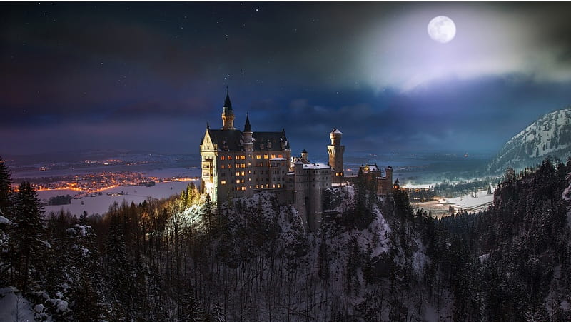 Neuschwanstein Castle Full Moon Nigh, HD wallpaper