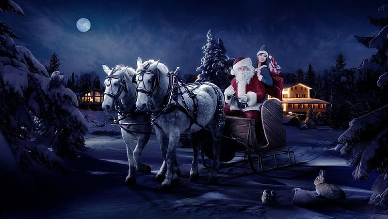 Santa, bag, girl, horses, HD wallpaper