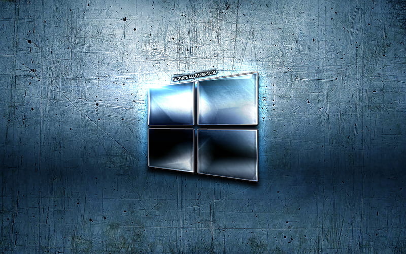 Windows 10, grunge, Microsoft, blue metal background, blue metal logo ...