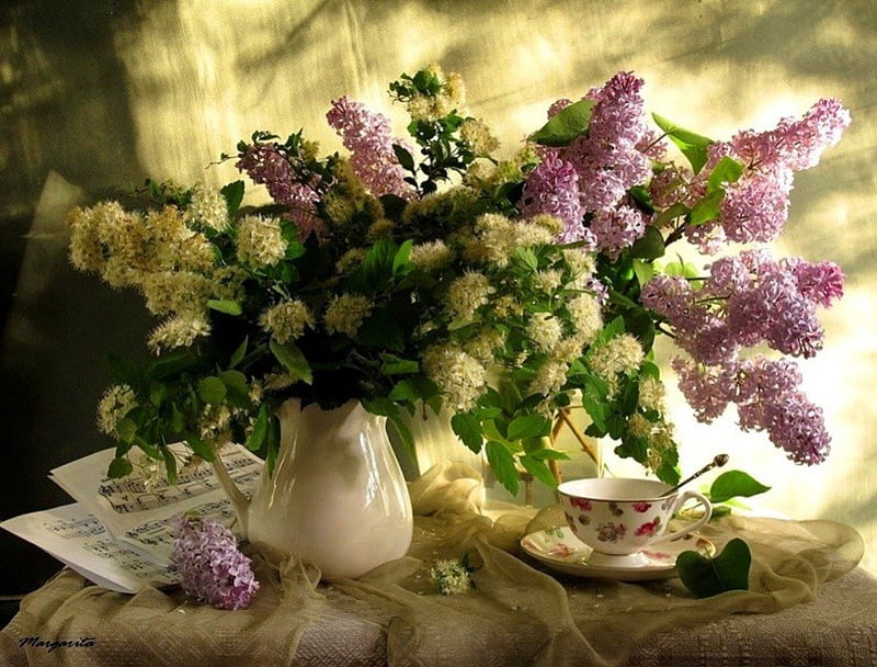 Soft spring, music, colors, vase, soft, spring, abstract, lilacs, tea, still life, afternoon, cup, flowers, other, HD wallpaper