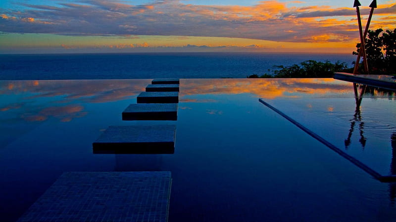 infinity pool on oahu hawaii at sunset, horizon, infinity, poll, sunset, sea, HD wallpaper