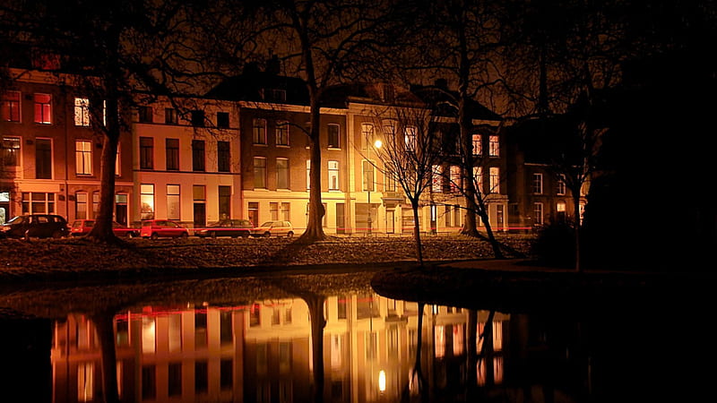 misty evening on a canal in utrecht holland, city, canal, street, lights, night, mist, HD wallpaper