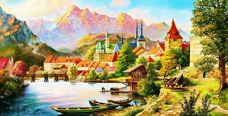 Pueblo medieval, barcos, montañas, edificios, río, obras de arte, Fondo de  pantalla HD | Peakpx