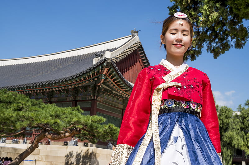 woman wearing Korean traditional dress, HD wallpaper