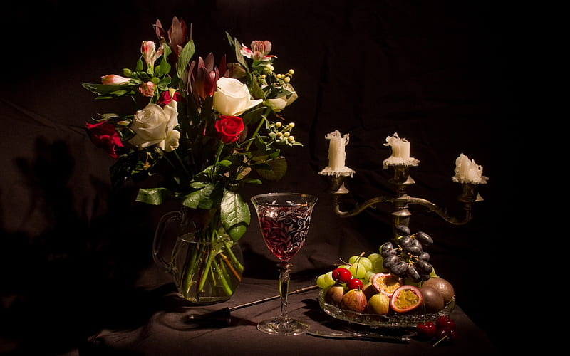 Still Life, colorful, rose, fruits, cherries, vase, bonito, grapes, fruit, graphy, flowers, beauty, variable, candle, lovely, wine, colors, roses, candles, glass, vine, dark, flower, plate, nature, cherry, HD wallpaper