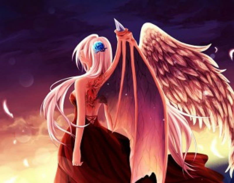 Angel, red, wings, dress, manga, blue rose, hair, fantasy, girl, feather, anime, flower, pink, HD wallpaper