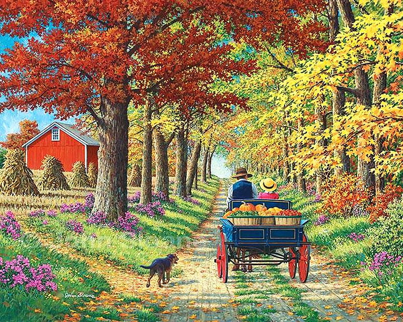 Shady Lane, colors, cart, man, horse, trees, straw, barn, artwork, countryside, leaves, girl, painting, flowers, dog, field, HD wallpaper