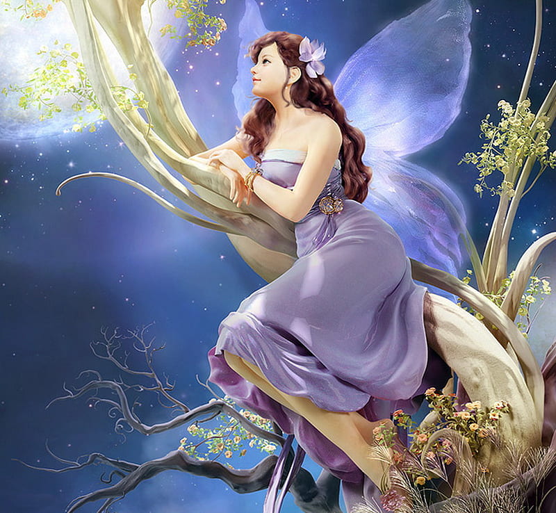Fairy, stars, dress, abstract, moon moonlight, tree, fantasy, girl flowers,  beauty, HD wallpaper | Peakpx