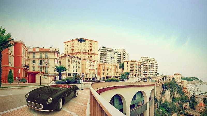 beautiful convertible in monte carlo, marina, city, overlook, car, HD wallpaper