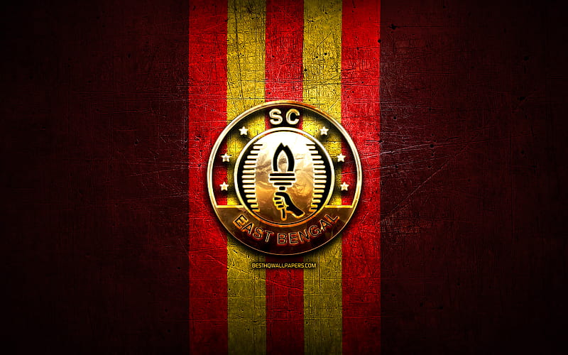 East Bengal FC, golden logo, ISL, red metal background, football, indian football club, East Bengal logo, soccer, India, SC East Bengal, HD wallpaper