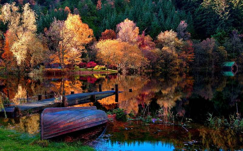 boat coast bottom autumn lake-Natural scenery, HD wallpaper