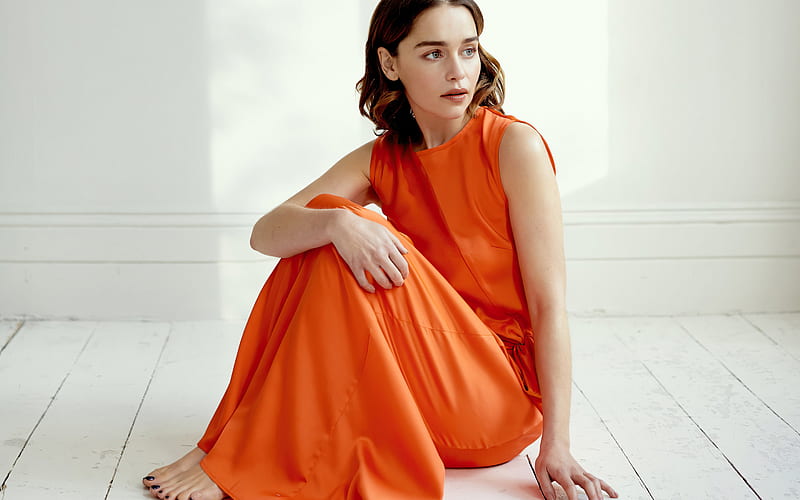 Emilia Clarke, 2020, british actress, orange dress, movie stars, Hollywood, beauty, Emilia Clarke hoot, HD wallpaper