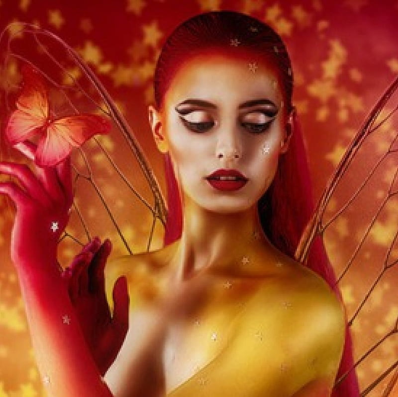 Fairy, fire, butterfly, bonito, fantasy art, HD wallpaper