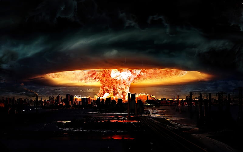 nuclear explosion destruction of city, nightscapes, explosion in city, atomic bomb, apocalypse, atomic explosion, HD wallpaper