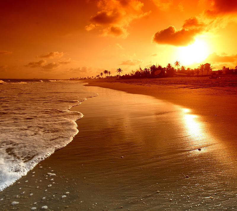 Sunset , amazing, beach, colorful, island, sand, sun, waves, HD wallpaper