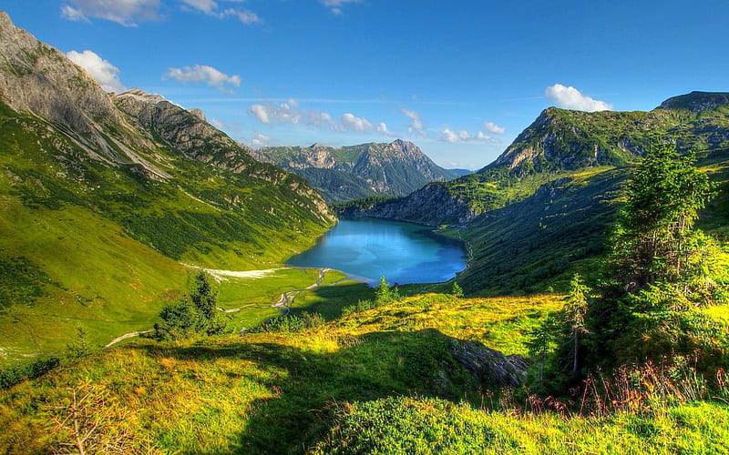 Mountain Lake, Austrian Alps, Alps, forest, grass, bonito, trees, lake, mountain, green, summer, blue, HD wallpaper