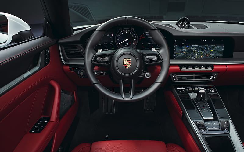 Porsche 911 Carrera, 2019, interior, inside view, convertible, black and red leather interior, Porsche 911 interior, German sports cars, Porsche, HD wallpaper
