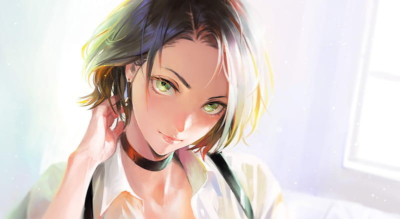 attractive anime girl, short hair, green eyes, semi realistic, Anime, HD wallpaper