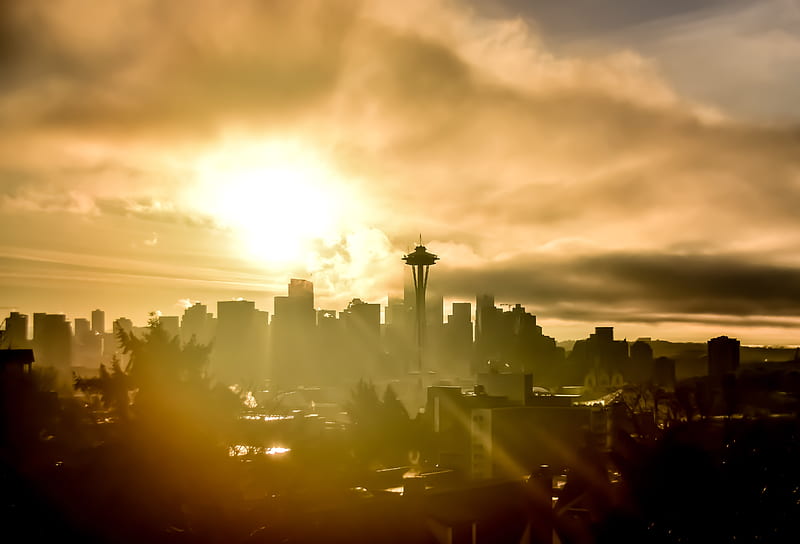 Seattle sunrise, kerry park, space needle, sunrise, HD wallpaper