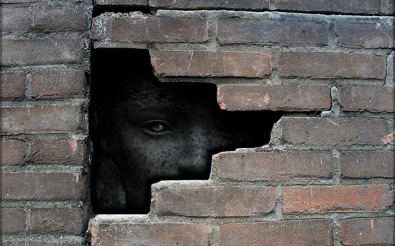 Someone is Watching, creepy, bricks, dark, face, eyes, HD wallpaper